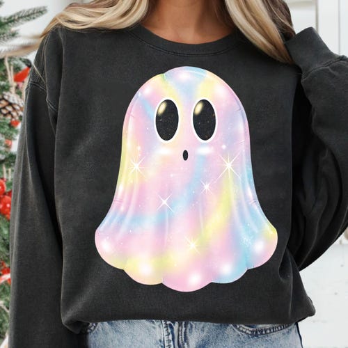 Iridescent Ghost Pumpkin Shirt Png, Coquette Aesthetic Halloween Design, Cute Girly Ghost T-Shirt Png, Sparkly Pastel Halloween Kawaii Ghost