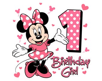 Happy 1st Birthday Girl, Cute Minnie Mouse Outfit, 2025 Bday Clip Art Png Shirt Design for Mini Lover 1 Year Old Cut File Toddler First One
