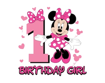 Happy 1st Birthday Girl, Cute Minnie Mouse Outfit, 2025 Bday Clip Art Png Shirt Design for Mini Lover 1 Year Old Cut File Toddler First One