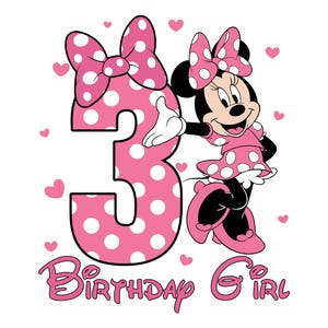 Könnte beinhalten: Grafik mit Minnie Maus mit rosa Schleife und Kleid mit weißen Punkten, und einer großen Zahl 3. Der Text "Birthday Girl" steht darunter. Rosa Herzen sind auf dem weißen Hintergrund verstreut.