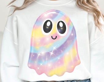 Iridescent Ghost Pumpkin Shirt Png, Coquette Aesthetic Halloween Design, Cute Girly Ghost T-Shirt Png, Sparkly Pastel Halloween Kawaii Ghost