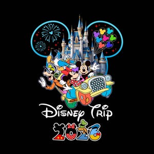 May include: Black graphic featuring Mickey Mouse, Minnie Mouse, Donald Duck, and Goofy in a car in front of a castle. The words "Disney Trip 2023" are also in the image. The design includes fireworks and Mickey Mouse-shaped balloons.
