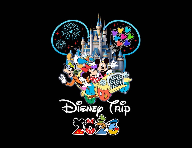 May include: Black graphic featuring Mickey Mouse, Minnie Mouse, Donald Duck, and Goofy in a car in front of a castle. The words "Disney Trip 2023" are also in the image. The design includes fireworks and Mickey Mouse-shaped balloons.