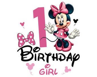 Happy 1st Birthday Girl, Cute Minnie Mouse Outfit, 2025 Bday Clip Art Png Shirt Design for Mini Lover 1 Year Old Cut File Toddler First One