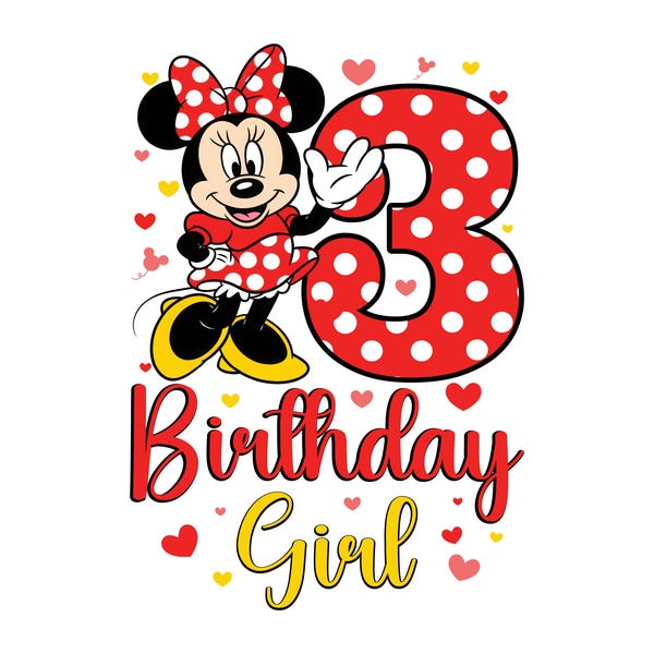 Happy Birthday Girl Png, Cute Minnie Mouse Lover Gifts, Third Birthday Shirt Design, 3 Years Old Digital Download File, 3rd Bday Clip Art