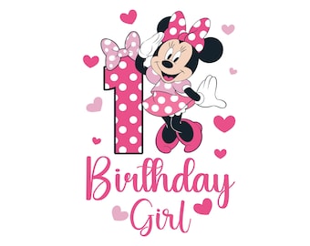 Happy 1st Birthday Girl, Cute Minnie Mouse Outfit, 2025 Bday Clip Art Png Shirt Design for Mini Lover 1 Year Old Cut File Toddler First One