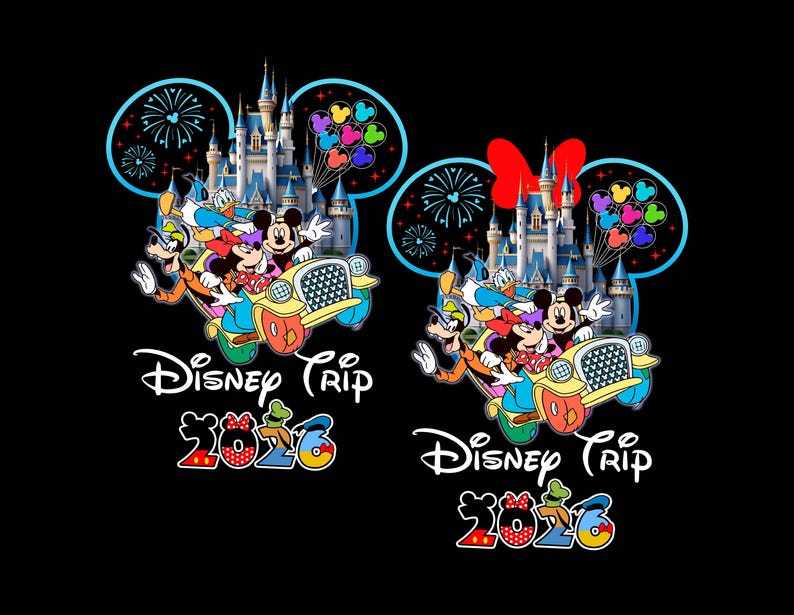 May include: A black graphic featuring Mickey Mouse, Minnie Mouse, Goofy, and Donald Duck in a car in front of a castle. The words "Disney Trip 2026" are written below the image in white and colorful text.
