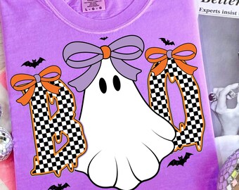 Halloween Cute Bow Coquette Checkered Spooky Kids Autumn Fall Pumpkin Ghost Shirt Design Retro Ghost Blowing Bubble Boo Png Sublimation 2025