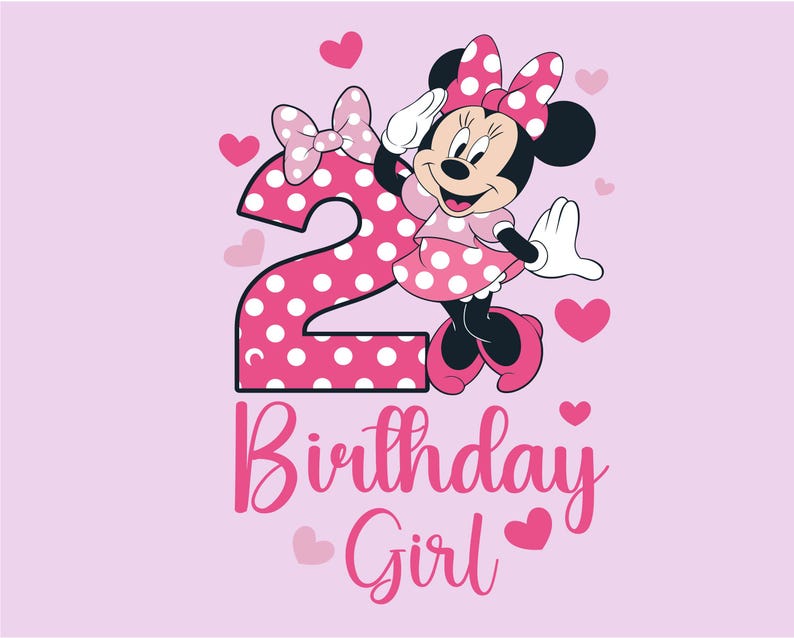 K&ouml;nnte beinhalten: Eine rosa Grafik mit Minnie Maus, die neben einer gro&szlig;en Zahl 2 mit wei&szlig;en Punkten salutiert. Die Worte "Birthday Girl" sind in rosa Schrift darunter geschrieben, mit rosa Herzen, die &uuml;ber das Bild verstreut sind. Der Hintergrund ist hellrosa.