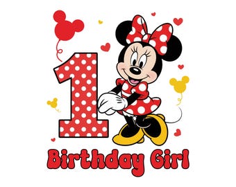 Happy 1st Birthday Girl, Cute Minnie Mouse Outfit, 2025 Bday Clip Art Png Shirt Design for Mini Lover 1 Year Old Cut File Toddler First One