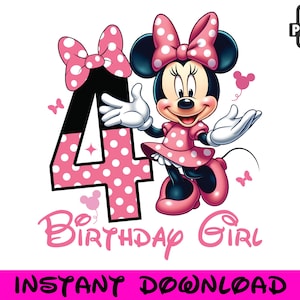 Puede incluir: Gr&aacute;fico digital de Minnie Mouse con vestido y lazo de lunares rosas, con el n&uacute;mero 4 y las palabras "Birthday Girl". La imagen tiene una combinaci&oacute;n de colores rosa y blanco, con el texto "INSTANT DOWNLOAD" en la parte inferior.