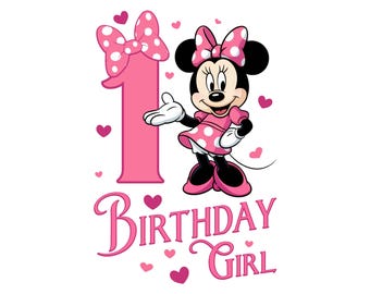 Happy 1st Birthday Girl, Cute Minnie Mouse Outfit, 2025 Bday Clip Art Png Shirt Design for Mini Lover 1 Year Old Cut File Toddler First One
