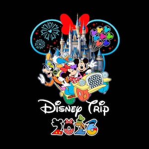 May include: Black graphic featuring Mickey Mouse, Minnie Mouse, Donald Duck, and Goofy in a yellow car in front of a castle. The words "Disney Trip 2023" are also displayed. The design includes fireworks, balloons, and a red bow.