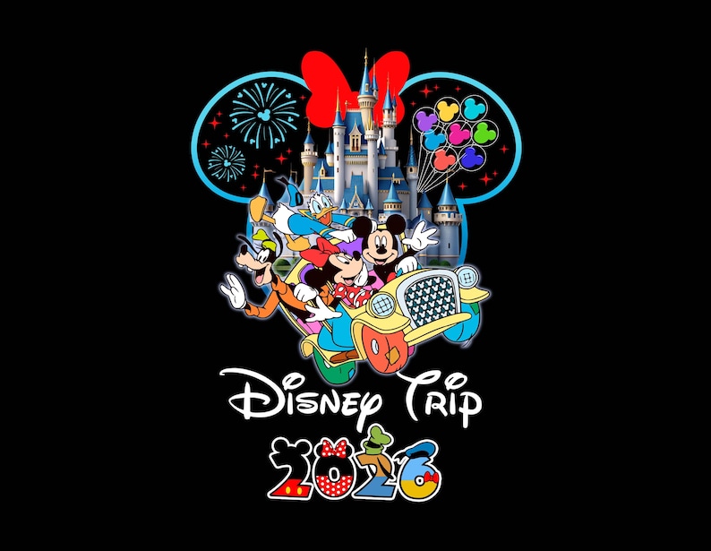 May include: Black graphic featuring Mickey Mouse, Minnie Mouse, Donald Duck, and Goofy in a yellow car in front of a castle. The words "Disney Trip 2023" are also displayed. The design includes fireworks, balloons, and a red bow.