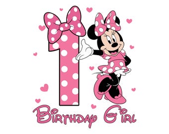 Happy 1st Birthday Girl, Cute Minnie Mouse Outfit, 2026 Bday Clip Art Png Shirt Design for Mini Lover 1 Year Old Cut File Toddler First One