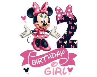 Wszystkiego najlepszego z okazji urodzin, dziewczyna, PNG, słodkie prezenty dla miłośników Myszki Minnie, projekt koszulki na drugie urodziny, plik do pobrania dla 2 lat, grafika wektorowa na drugie urodziny