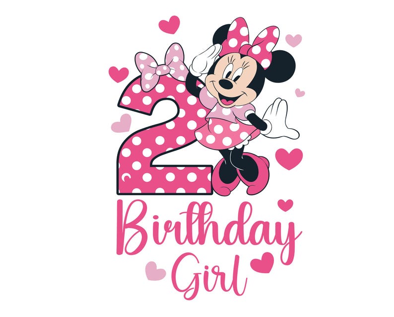 K&ouml;nnte beinhalten: Grafik mit Minnie Maus in einem rosa gepunkteten Kleid und Schleife, die neben einer gro&szlig;en "2" mit wei&szlig;en Punkten salutiert. Die Worte "Birthday Girl" stehen darunter in rosa Schrift, mit rosa Herzen verstreut.