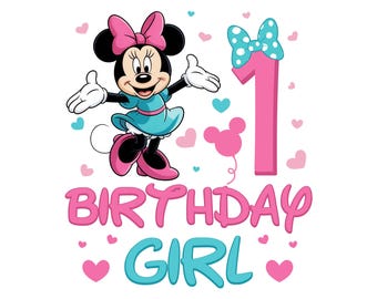 Happy 1st Birthday Girl, Cute Minnie Mouse Outfit, 2025 Bday Clip Art Png Shirt Design for Mini Lover 1 Year Old Cut File Toddler First One