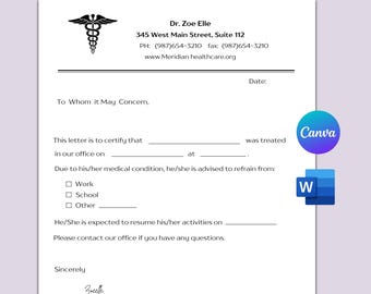 Formulario editable de justificante médico: Ausencia laboral/escolar (Canva, Word, PDF)