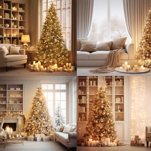 May include: Multiple images of decorated Christmas trees with gold ornaments and lights. The trees are in various rooms with candles, sofas, and bookshelves. The overall theme is festive and cozy.