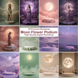 Moon Flower Podium Backgrounds: Floral Digital Maternity Backdrops for Studio & Photography