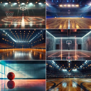 May include: A collage of six images showcasing basketball courts. The courts feature wooden floors, backboards, and hoops. Some images show empty courts, while others depict courts with seating and bright overhead lighting. A basketball is visible in one image.