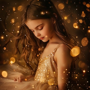 Puede incluir: Una persona joven con cabello castaño largo que lleva un vestido dorado con lentejuelas y tirantes finos. La imagen está suavemente iluminada con efectos bokeh, creando una atmósfera de ensueño y mágica. El vestido brilla con lentejuelas.