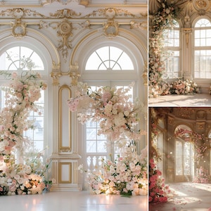 Könnte beinhalten: Ein eleganter Innenraum mit verzierten weißen Wänden, goldenen Akzenten und gewölbten Fenstern. Der Raum ist üppig mit zarten rosa und weißen Blumenarrangements dekoriert, was eine romantische und luxuriöse Atmosphäre schafft. Thema: Hochzeits- oder Event-Hintergrund.