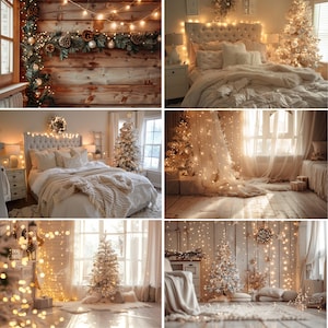 Puede incluir: Un collage de escenas interiores festivas y acogedoras. Las imágenes presentan árboles de Navidad, camas con ropa de cama suave y luces decorativas. La paleta de colores es suave, con blancos cálidos y dorados, creando una atmósfera serena y acogedora, ideal para la decoración navideña.