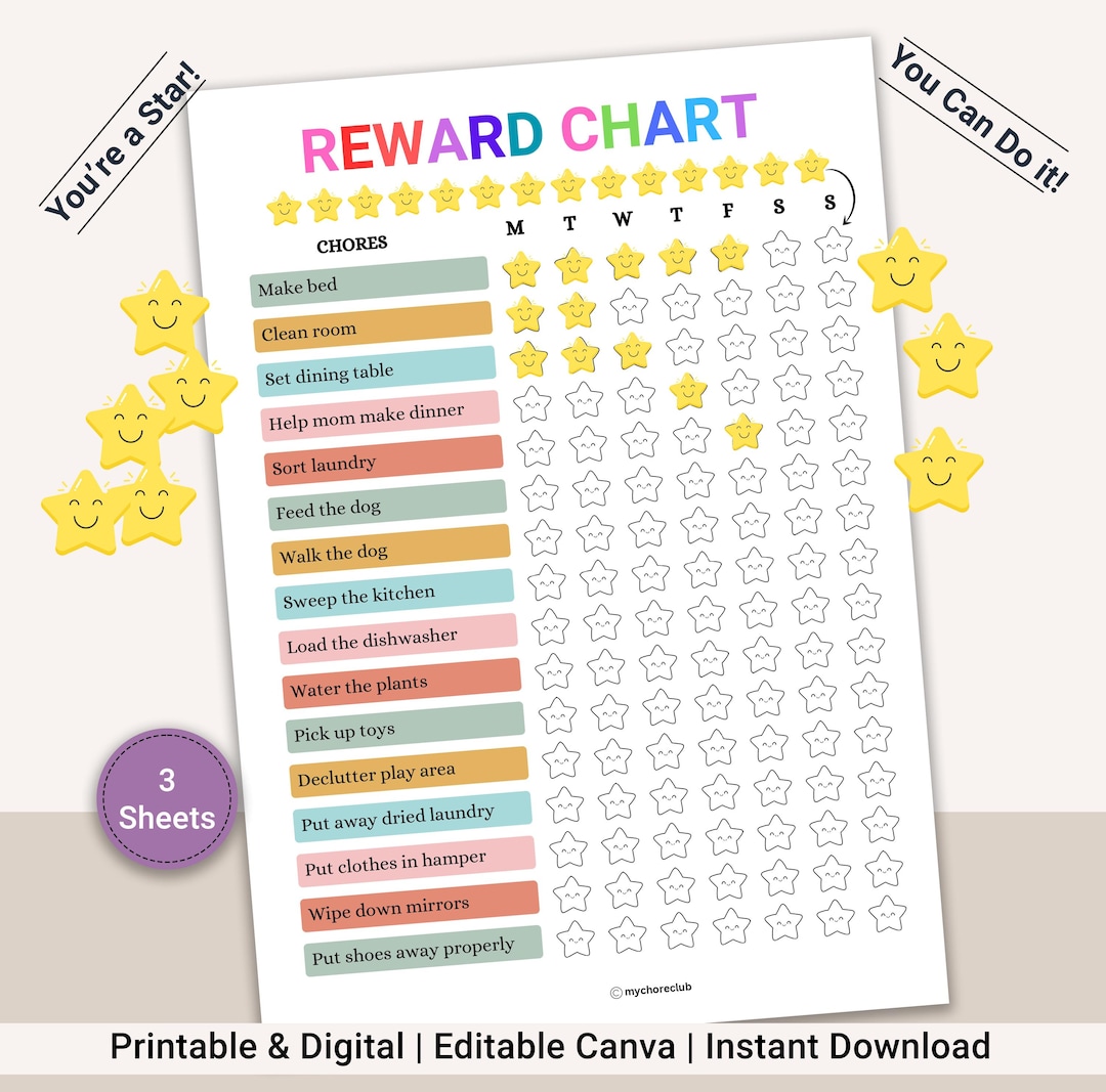 Editable Kids Reward Chart: Printable Chore Chart (canva PDF) - Etsy