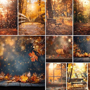 May include: A collage of autumn scenes featuring falling leaves, wooden bridges, park benches, and sunlight filtering through trees. The color palette is dominated by warm tones of orange, brown, and gold, evoking a sense of seasonal change and tranquility.