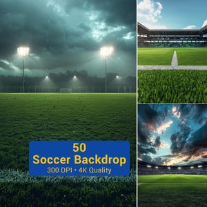 Peut inclure: Image composite d'un terrain de football sous un ciel orageux, avec des projecteurs éclairant l'herbe verte. Une bannière bleue affiche "50 Soccer Backdrop" et "300 DPI • 4K Quality". Images supplémentaires de vues du stade.