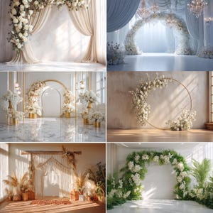 Könnte beinhalten: Eine Sammlung von Hochzeits- und Event-Hintergründen. Die Bilder zeigen verschiedene Blumenbögen, drapierte Stoffe und dekorative Arrangements. Die Stile reichen von klassischen weißen Blumendesigns bis hin zu rustikalen Boho-Arrangements.