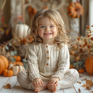 May include: A smiling child with blonde hair wearing a cream-colored knit sweater and pants. The child is sitting cross-legged on a white wooden surface, surrounded by pumpkins and fall foliage. The background features more pumpkins and decorative elements.