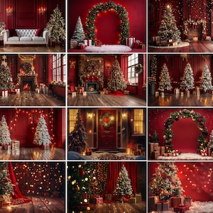 May include: A collection of Christmas-themed interior scenes. The images feature decorated Christmas trees, fireplaces, and festive decorations in rooms with red walls and wooden floors. Some scenes include arches adorned with greenery and lights.