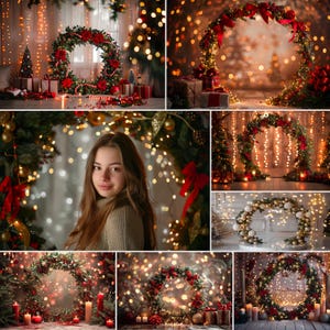 Può includere: Un collage di immagini a tema natalizio con ghirlande, ghirlande e luci decorative. Le ghirlande sono decorate con fiocchi e fiori rossi. Sono visibili anche regali e candele, creando un'atmosfera festosa.