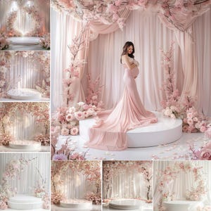 May include: A selection of pink and white photography backdrops. The backdrops feature white curtains, floral arrangements, and circular platforms. The overall theme is soft and romantic, with a focus on pink flowers and draping fabric. Suitable for maternity or newborn photos.