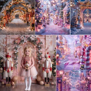 Könnte beinhalten: Ein zusammengesetztes Bild mit einem kleinen Mädchen in einem rosa Kleid, das einen Spielzeug-Nussknacker hält, flankiert von zwei großen Nussknackern. Der Hintergrund zeigt festliche Weihnachtsszenen mit Schnee, Dekorationen und beleuchteten Wegen, die ein skurriles Urlaubsthema schaffen.