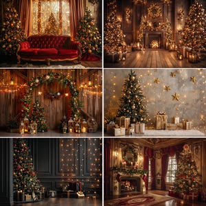 以下が含まれることがあります： クリスマスの装飾を写した6枚の画像のコラージュ。シーンには、装飾されたクリスマスツリー、ライトアップされた暖炉、ギフトと温かい照明を備えたお祝いのセッティングが含まれます。全体的なテーマはホリデーデコレーションです。