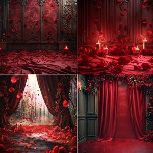 May include: Four images showcasing romantic interior scenes. Each features deep red tones, with flowing fabrics, scattered rose petals, and ornate wall details. Candles and floral arrangements enhance the intimate ambiance, creating a luxurious and passionate setting.