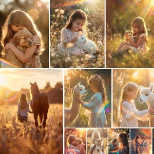 Può includere: Una collezione di immagini toccanti che mostrano bambini che interagiscono con animali. Le scene includono una bambina che abbraccia un cucciolo di golden retriever, una bambina con un coniglio bianco e una bambina con un'anatra. Altre immagini mostrano una bambina con un cavallo e bambine con alpaca, il tutto in una calda luce solare.