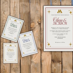 May include: Wedding invitations with a vintage design. The invitations feature the names "Olivia & Jackson" in elegant script, with the text "Request the pleasure of your company at their wedding." The invitations are in various sizes and colors, with gold star accents and a logo.