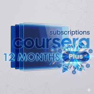 Op de afbeelding: Een digitale afbeelding die Coursera-abonnementen promoot. De afbeelding toont het Coursera-logo, de tekst "12 MAANDEN Plus" en het woord "subscriptions". Het ontwerp maakt gebruik van blauwtinten en een geometrisch kristalachtig element.