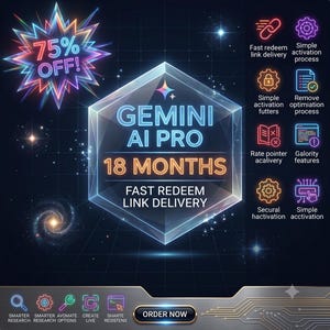May include: A digital graphic for Gemini AI Pro 18 months featuring a central glowing hexagonal prism, a 75% off starburst, and a list of features including fast redeem link delivery, simple activation, and various icons on a dark space-themed background.