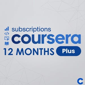 Könnte beinhalten: Grafik mit dem Wort "subscriptions" über "Coursera" in dunkler blauer Schrift. Darunter steht "12 MONTHS Plus" in der gleichen Farbe. Der Hintergrund ist hellgrau mit geometrischen Formen.