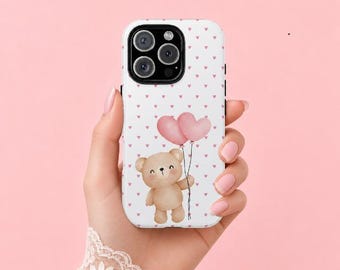 Cute Teddy with Heart Balloons tough case | Phone Case, Pink Hearts Pattern