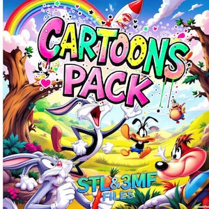 May include: A colourful cartoon illustration featuring Bugs Bunny, Daffy Duck, and other characters. The image has the text "CARTOONS PACK" in bubble letters, with "STL & 3MF FILES" below. A rainbow and rocket are in the background.