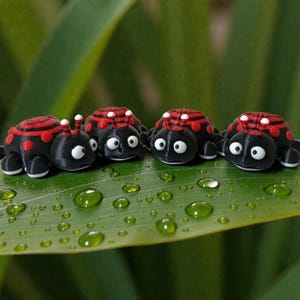 May include: Four black and red ladybug figurines with white accents are arranged on a green leaf covered in water droplets. The ladybugs have red and black striped shells and white eyes. The figurines are a whimsical decorative item.