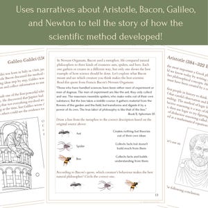May include: Educational worksheet with text and illustrations about the scientific method, featuring Aristotle, Bacon, Galileo, and Newton. The page includes a quote from Francis Bacon and diagrams for matching concepts.