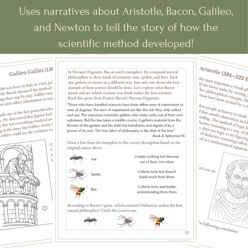 May include: Educational worksheet with text and illustrations about the scientific method, featuring Aristotle, Bacon, Galileo, and Newton. The page includes a quote from Francis Bacon and diagrams for matching concepts.